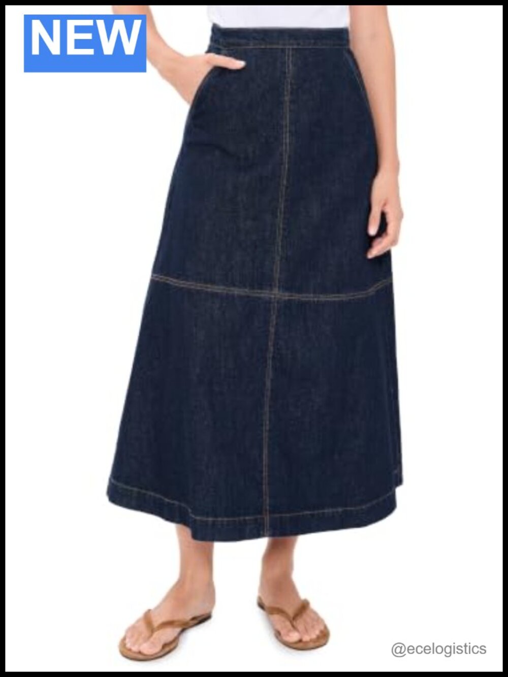 High Rise Midi Denim Skirt with Seam Details and Slant Pockets